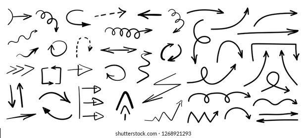 Set of black grunge hand drawn arrows isolated on white. Vector illustration