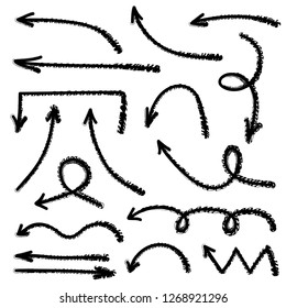 Set of black grunge hand drawn arrows isolated on white. Vector illustration