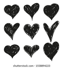 Set of black grunge hand drawn hearts. Vector collection of unevenly colored hearts for Valentines Day sweethearts.