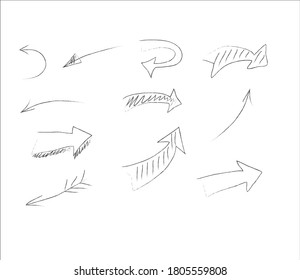 Set of black grunge hand drawn arrows isolated on white. Vector illustration. Doodle arrow collection of hand drawn arrows, vector set.