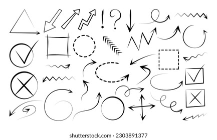 Set of black grunge hand drawn arrows isolated on white. Arrows big black set icons. Arrow icon. Arrow vector collection. Arrow. Cursor. Modern simple arrows. Vector illustration