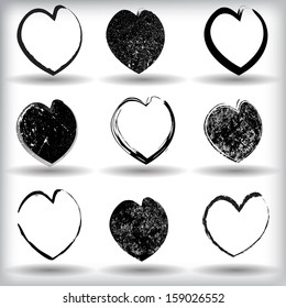 Set of black grunge hearts 