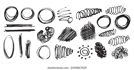 Set of black grunge ink brush strokes, lines, circles, spirals. Hand-drawn Dirty artistic design elements, frames. Vector illustration isolated on white background.