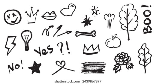 Set of black grunge ink brush doodle icons. Hand-drawn artistic design elements. Vector illustration isolated on white background.