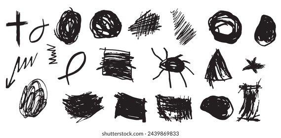 Conjunto de pinceladas de tinta negra grunge, líneas, círculos, espirales. Dibujado a mano Sucios elementos de diseño artístico, marcos. Ilustración vectorial aislada sobre fondo blanco.