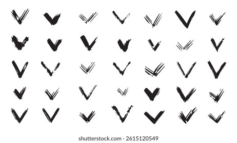 Set of black grunge ink drawn check marks, tick icons made with grunge brush, bold brush strokes forming check mark, correct icons, accept vector symbols, vector buttons for vote, right icons