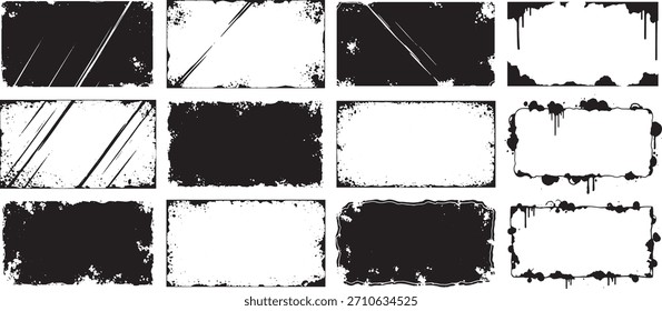 Conjunto de marcos de tinta grunge negro con bordes rectangulares ásperos y texturas de arañazos sucios para fondos de diseño abstracto