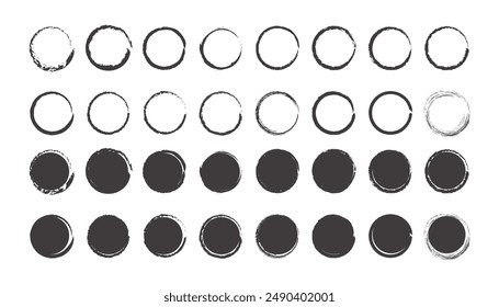 Conjunto de círculos de sellos de tinta negra grunge. Conjunto de elementos de Vector de círculo de pintura Grunge