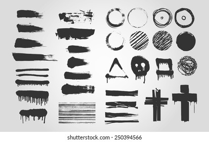 set of black grunge isolated ink abstract brush strokes, circle and crosses