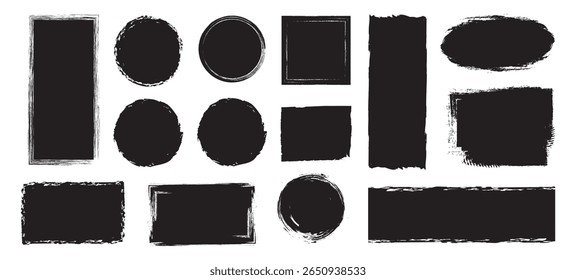 Conjunto de linhas grunge pretas, retângulos, círculos. Traçado do pincel, pincel de tinta, linhas grunge. Coleção de banner Grunge.  Pinte a coleção de carimbos com pincel. Forma grunge.