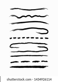 Set of black grunge lines. Underline drawn by hand with a rough brush. Sketch, paint, watercolour, ink. Vector illustration.