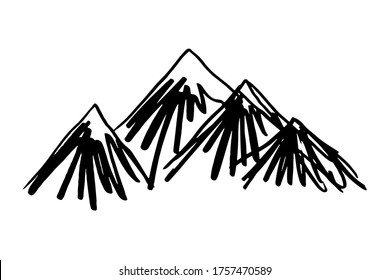 Set Black grunge mountains in different styles. Vector illustration of mountain ranges. Black ink drawing of mountains