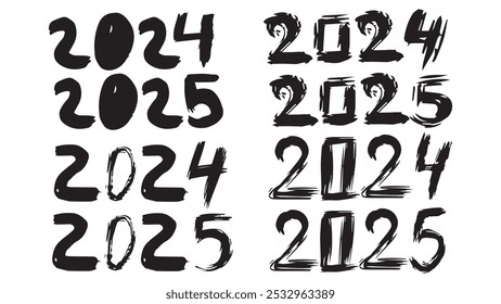 Set of black grunge numbers 2025 New Year for and design, design elements for greeting card, invitation, calendar, etc., Happy New Year 2025 template design, collection of logo different text design