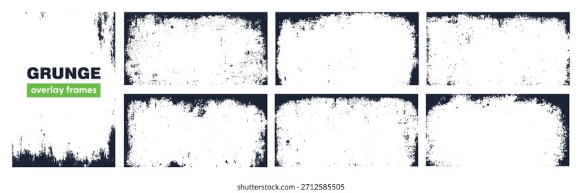 Set of black grunge overlay frame and background with grime and rugged effect. Border collection with vintage texture.
