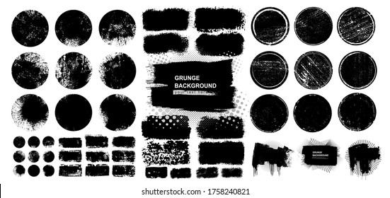 Satz von schwarzen Grunge Briefmarken, Kreise und Rechtecke. Leere Formen. Banner, Insignien, Logos, Symbole, Etiketten und Badges Kollektion. Beunruhigen Texturen. Vektorgrafik auf weißem Hintergrund.
