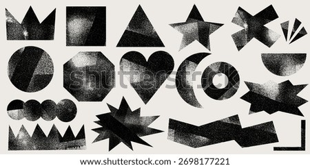 Set of black grunge postage stamp shapes with linocut and ink roller texture. Handcrafted letterpress geometric forms like heart, crown, and star. Rough detailed vintage linocut texture vector design.