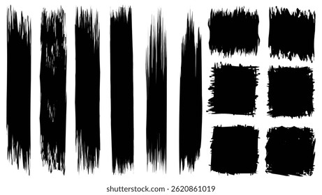 Set of black grunge rectangles, circles shapes on a white background. Paint brush stamp collection. Vector brush rectangle, circle. Grunge shape.	