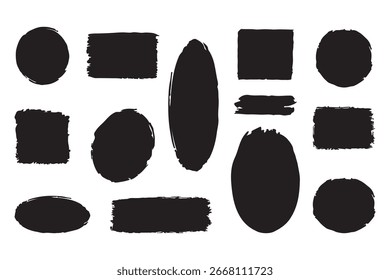 Conjunto de rectángulos negros grunge, Formas de círculos sobre un fondo blanco. Conjunto de forma de caja de rectángulo áspero de marco de pincel. Rectángulo de pincel de Vector, círculo. Forma Grunge. Ilustración vectorial. 
