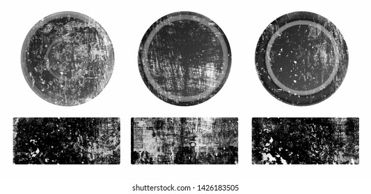Set of black grunge round and rectangle stamps on white background. Set of web icons. Badges and labels various shapes.  Vector illustration