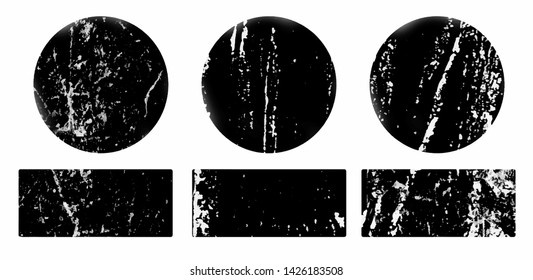 Set of black grunge round and rectangle stamps on white background. Set of web icons. Badges and labels various shapes.  Vector illustration