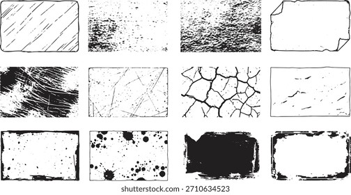 Conjunto de planos de fundo de textura grunge preta com arranhões de papel rachado e quadros de tinta ásperos para elementos de design abstrato