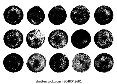 Satz von schwarzer Grunge, runde Form einzeln auf weißem Hintergrund. Grainy strukturierte Designelemente. Vektorgrafik, eps10.