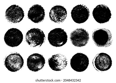 Set of black grunge texture round shape isolated on white background. Grainy textured design elements. Vector illustration, eps 10.