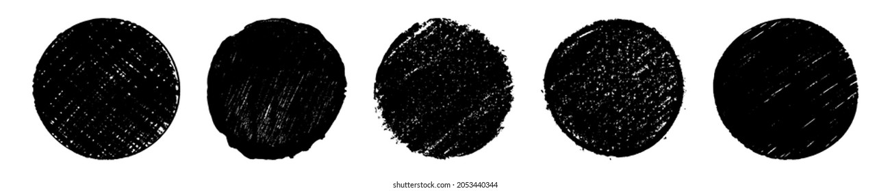 Set of black grunge texture round shape isolated on white background. Grainy textured design elements. Vector illustration, eps 10.