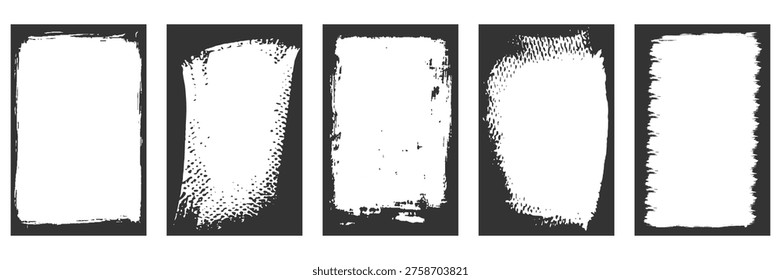 Set of black grunge textures and distressed border frames. Collection of rough ink brush strokes and roller paint shapes for street art and punk rock poster design.Vector illustration