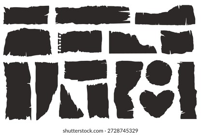 Conjunto de Formas de papel rasgadas de grunge negro y trozos rasgados afligidos con diseños de bordes ásperos. Fragmentos de textura oscura de diferentes tamaños geométricos y formas para diseños creativos Ilustración vectorial