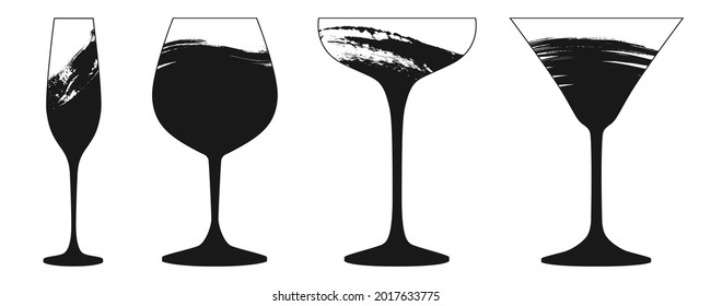 Set of black grunge wine cocktail and champagne glasses icons isolated on a white background.