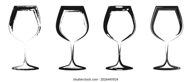 Set of black grunge wine glass icons isolated on a white background.