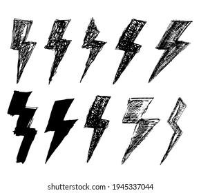 Set of black grungy lightnings. Artistic lightnings. Set of grungy lightning signs 