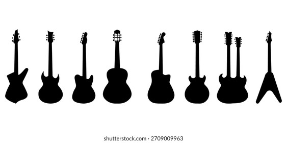 Set of black guitar silhouettes in various shapes arranged in a clean horizontal row on a white background