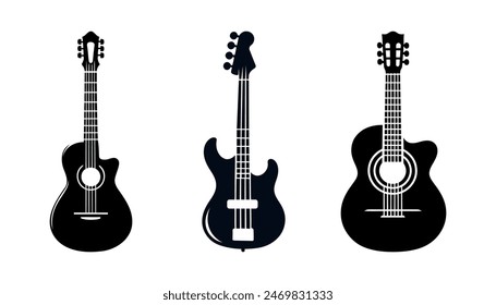 A set of black guitar silhouettes. Vector guitars on white background. Symbols of classic electric guitars for a store or music application.