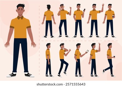 Set of black guy male character in different poses, angle, expression. A man in front, back, side view with headphone, smartphone, cup of coffee, walks, say hallo. Vector illustration in flat style