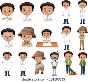 Set of black hair boy doing different activities illustration