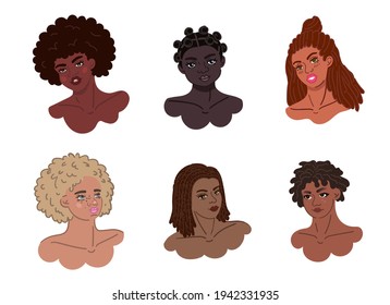 Set of Black hair culture - african-american girls isolated heads. Black women portraits with braids; afros; locs and hair knots. Curly african ladies with authentic hairstyles; isolated illustrations