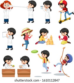 Set of black hair girl in many actions on white background illustration