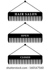set of black hair salon combs, open and closed on white background