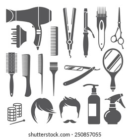 Set of black hairdressing equipment symbols isolated on white background