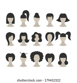 Set of black hairstyles for woman isolated on white background 