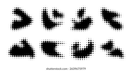 Set of black halftone blob shapes, ink stain silhouettes isolated on white background. Dotted grunge textures, rough spray spots. Distressed splatter and blotch effect. Abstract vector illustration.