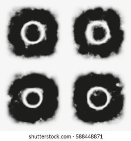 Set of black halftone circles. Modern vector artistic illustration. Abstract monochrome round shape made of dots. Splattered particles with different size. Element of trendy design.