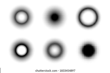 Set of black halftone circles. Pop art texture made of spots. Vector round dots gradient.