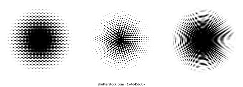 Set of black halftone circles. Pop art texture made of spots. Vector round dots gradient.