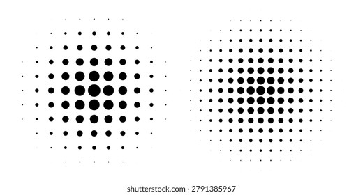 Set of black halftone dot backgrounds featuring modern gradient patterns and vector style.