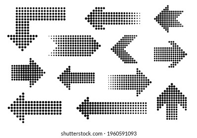 Set of black halftone dots arrows.