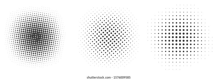 Set of black halftone dots backgrounds. Vector illustration. Pop art dotted backgrounds.