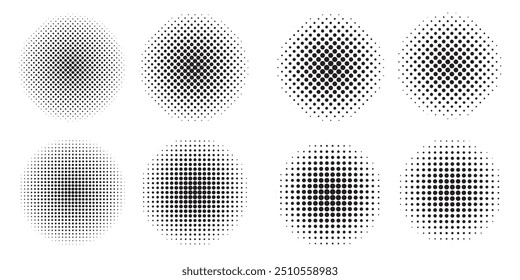 Set of black halftone dots backgrounds. Halftone gradient. Dotted gradient in round shape.